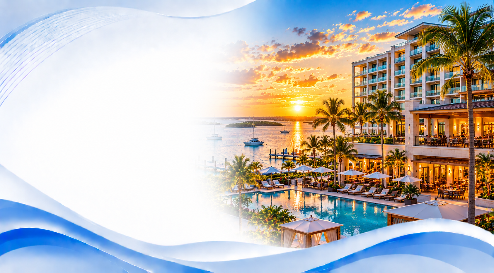 Resort pool and restaurant at sunset