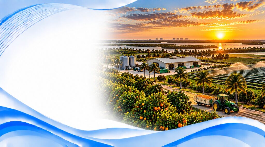 Citrus grove at sunset with a tractor hauling oranges