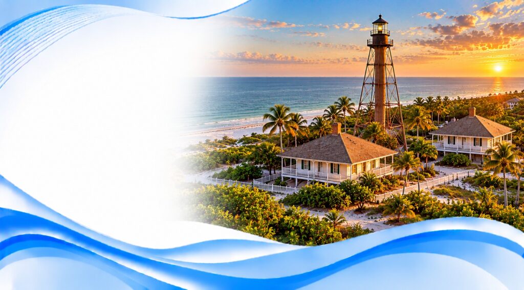 Contact Sanibel lighthouse at sunset with keeper's houses, palms, and beach